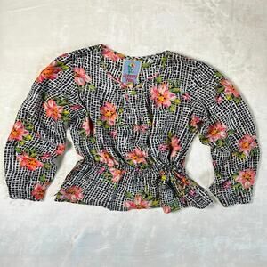 Johnny Was Silk Blouse Women's M Floral Adjustable Waist Ruffle Boho Luxury Airy